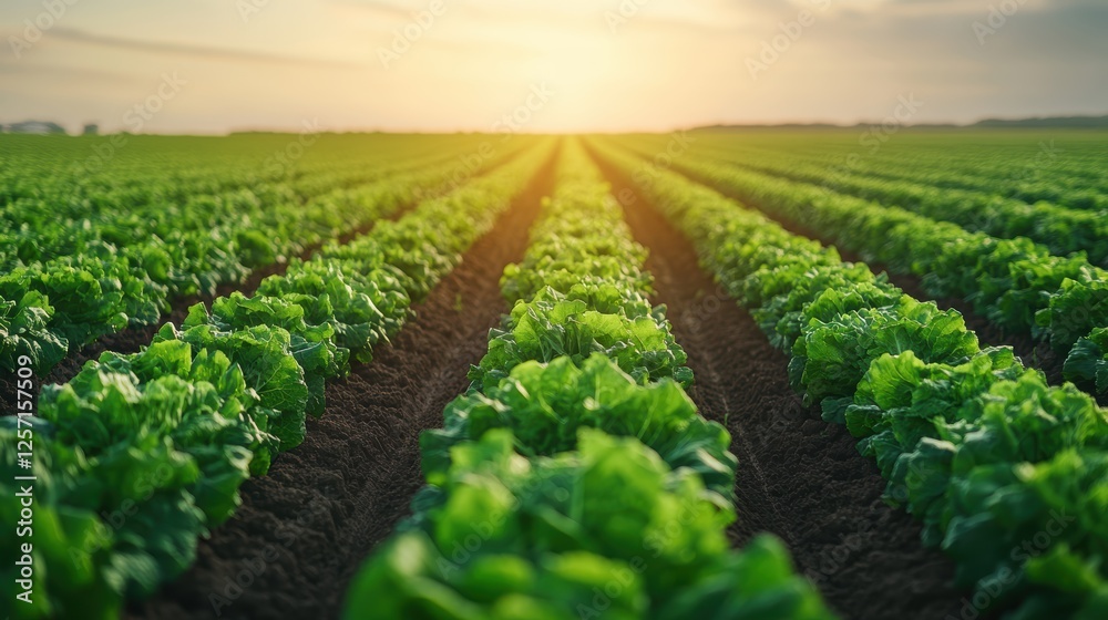 A lush green crop field stretches towards a golden sunset, showcasing rows of healthy plants under a clear sky. A lush green crop field stretches towards a golden sunset, showcasing rows of healthy plants under a clear sky.