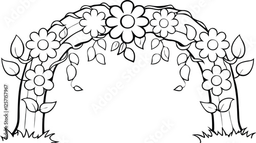 Intricate Floral Arch with Hanging Blooms and Vines Line Art Book Vector Design