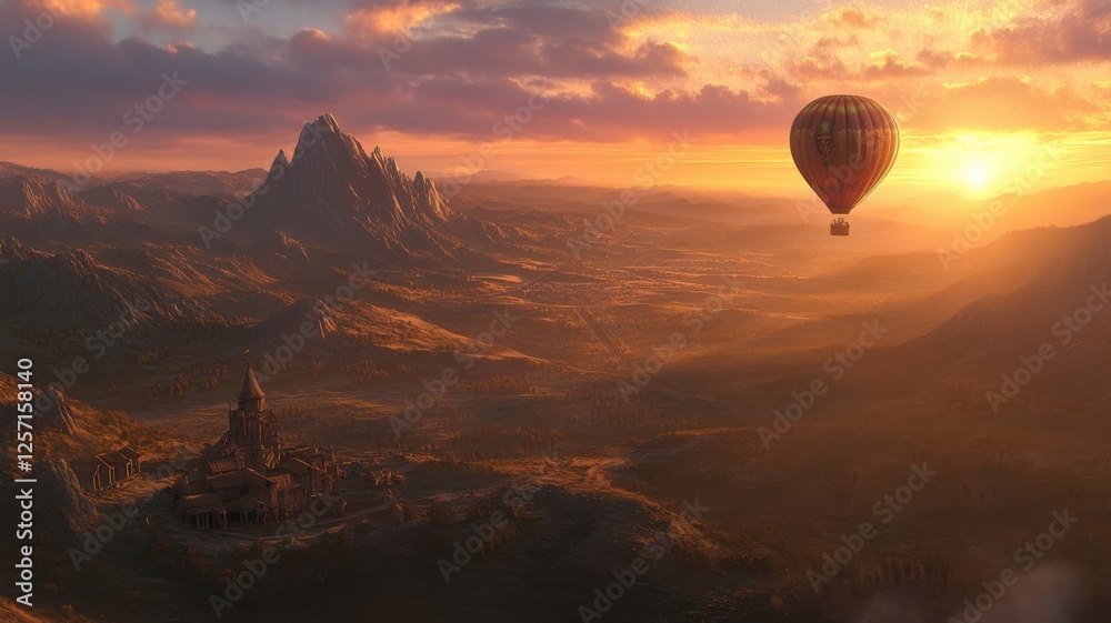 Hot air balloon drifting over a mountain landscape at sunset with a medieval town below Hot air balloon drifting over a mountain landscape at sunset with a medieval town below