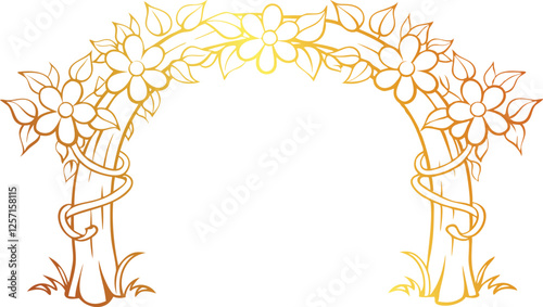 Golden ornate arch adorned with intricate flowers, vines, and cascading blooms line art book vector design