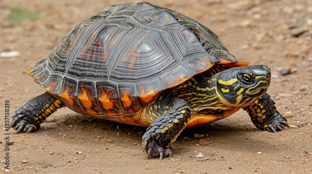 Wood turtle standing on dirt looking forward into the distance Wood turtle standing on dirt looking forward into the distance
