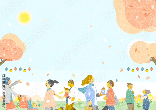 お花見を楽しむ人々　お洒落な和風背景素材　