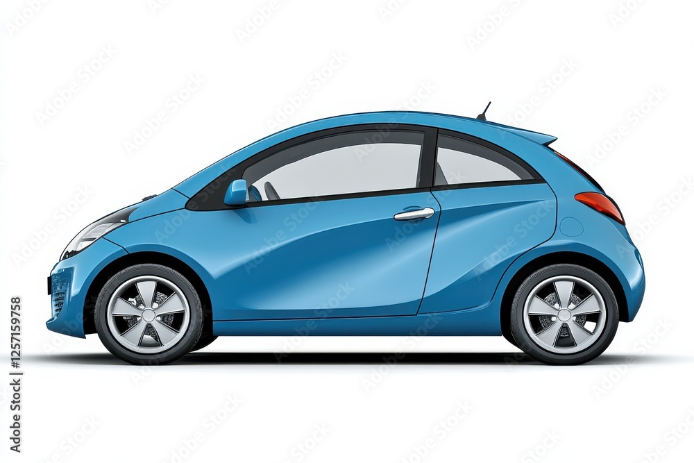 Compact blue car parked on a white background showcasing a sleek design and modern features for urban driving Compact blue car parked on a white background showcasing a sleek design and modern features for urban driving