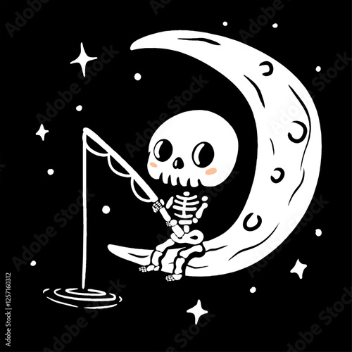 cute skull fishing on the moon illustration vintage vector