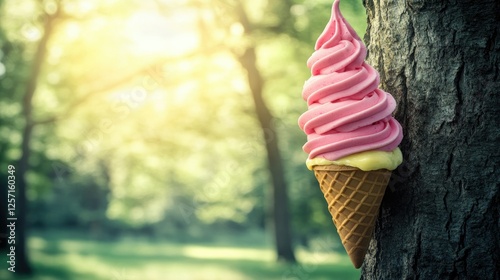 Pink Swirl Ice Cream Cone Leans Against Tree Trunk