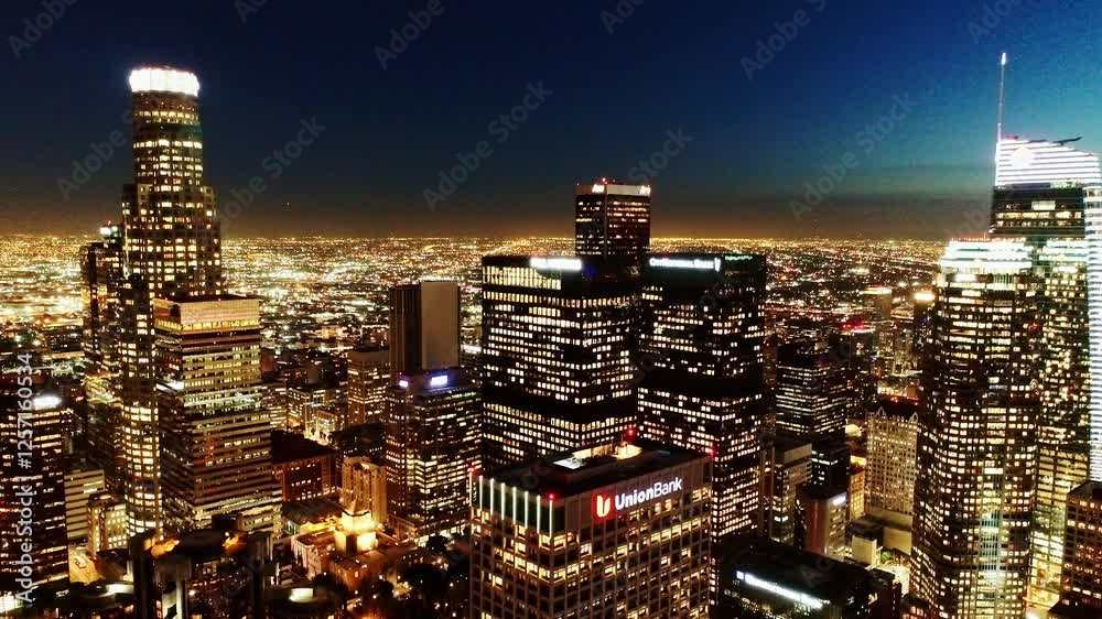 Breathtaking view of Los Angeles at night - glowing skyscrapers, drone, 4K Breathtaking view of Los Angeles at night - glowing skyscrapers, drone, 4K