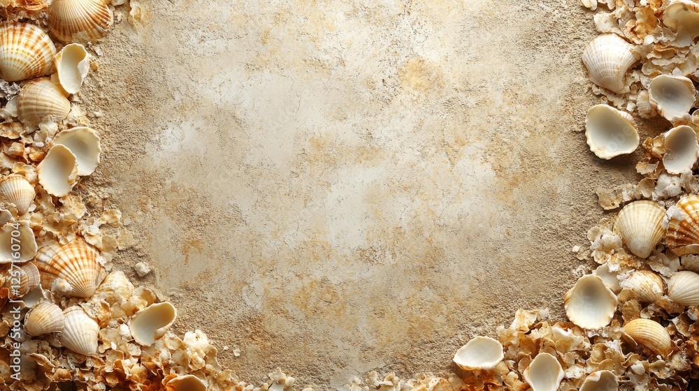 Obraz premium Seashells and fragments bordering a textured sandy surface with neutral colors