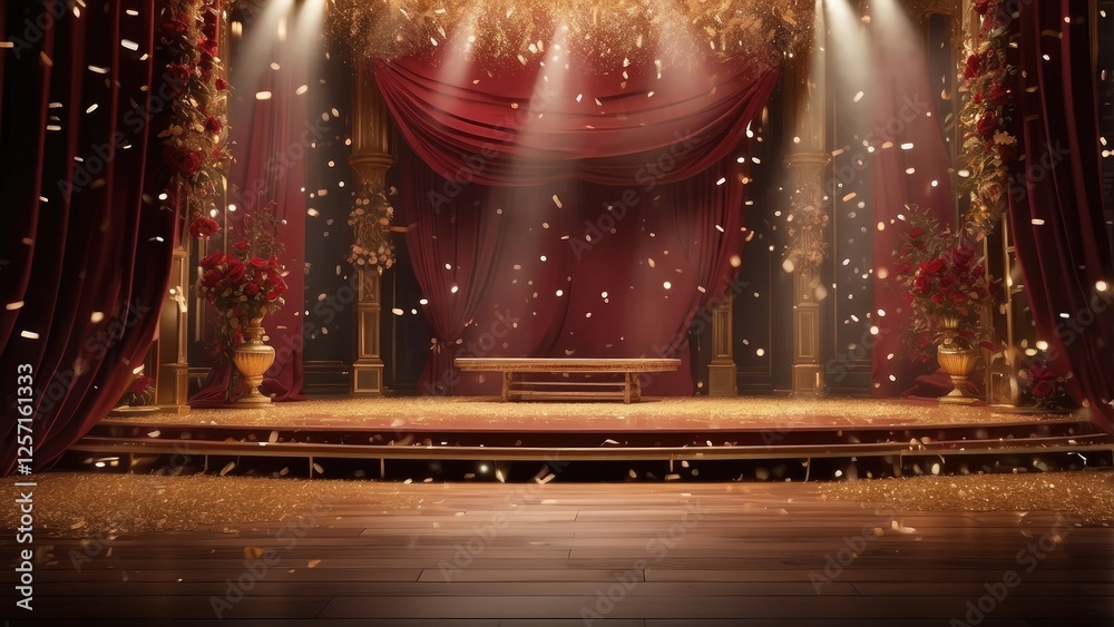 Obraz premium 1. **Theater background with red stage, curtain, bright lights, and falling gold confetti.**