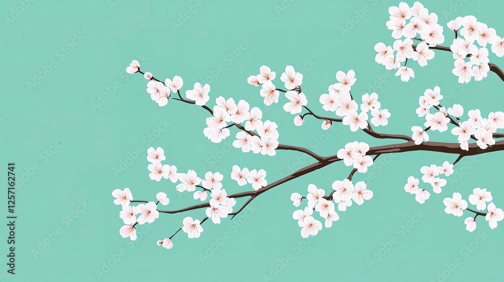 Fototapeta premium Cherry Blossom Branch Over Vivid Green Background in Springtime