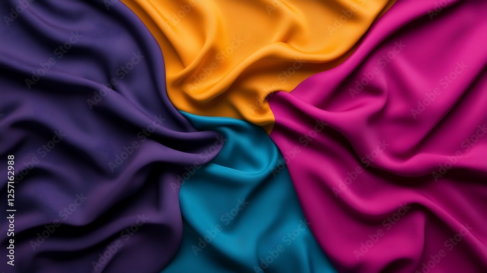 A visually striking composition of draped fabrics in vibrant hues of purple, yellow, pink, and turquoise, creating a dynamic and luxurious texture A visually striking composition of draped fabrics in vibrant hues of purple, yellow, pink, and turquoise, creating a dynamic and luxurious texture