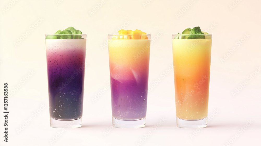 Vibrant multi-layered fruit smoothies with fresh toppings
