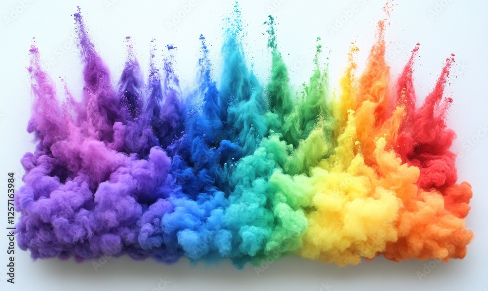 Fototapeta premium Rainbow ink exploding in water, studio shot, white background, vibrant colors, design element