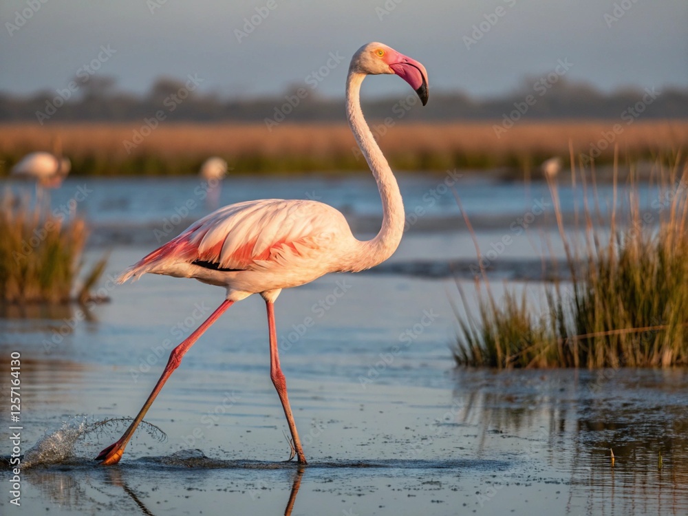 Obraz premium A flamingo stands in the water, with a background of other flamingos and a blue sky with white clouds. The flamingo is looking to the left, and its pink feathers are reflected in the water