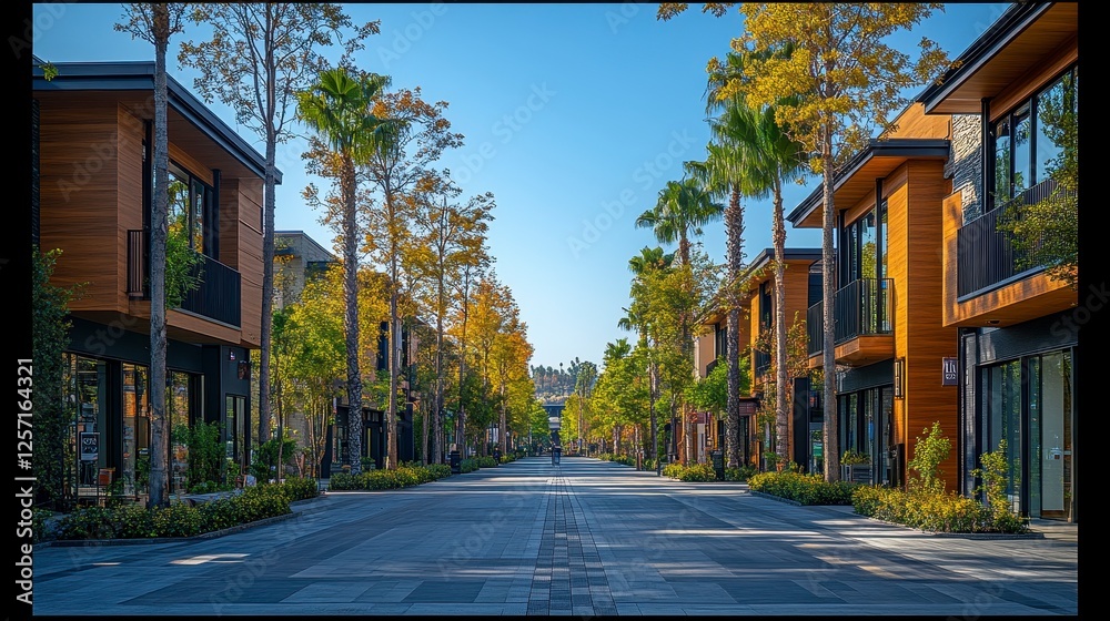 Modern street, autumnal trees, sunny day, shops, residential Modern street, autumnal trees, sunny day, shops, residential
