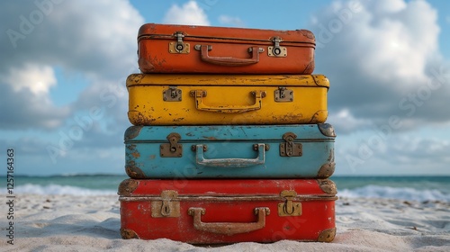 Stack of vintage suitcases on sandy beach