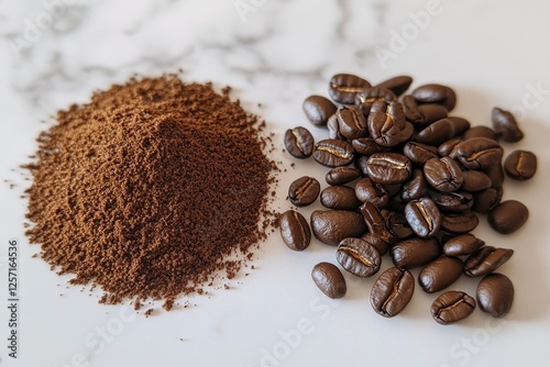 ground and whole coffee beans for making a drink, coffee beans and ground in close-up from which with generative ai
