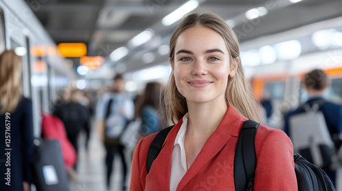 Australian staff employee woman in red casual smiling going to office using train public transport