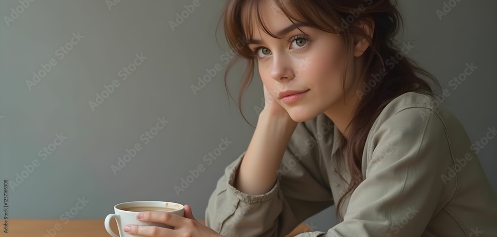 Thoughtful Person Holding Coffee with Reflective Expression at Table Thoughtful Person Holding Coffee with Reflective Expression at Table