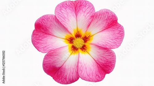 Vibrant Pink Primula Flower with Yellow Center Isolated on White Background
