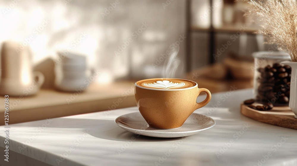Stylish Cafe Setting with Steaming Cup of Coffee on Marble Table Stylish Cafe Setting with Steaming Cup of Coffee on Marble Table