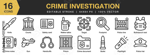 Crime Investigation icon set. Editable Stroke Icon Collection. Includes investigation, crime, police, criminal, law, and More. Outline icons vector collection.