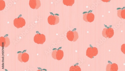 minimalist peach pattern on pastel pink background with scattered white dots, seamless fruit design for modern decor

