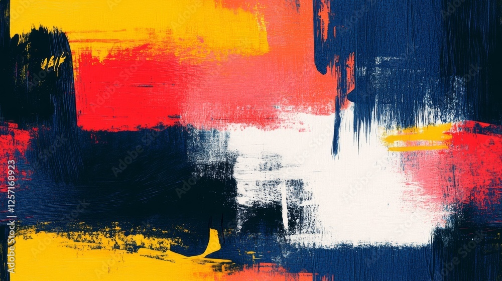 Abstract painting featuring bold brushstrokes in primary color palette Abstract painting featuring bold brushstrokes in primary color palette