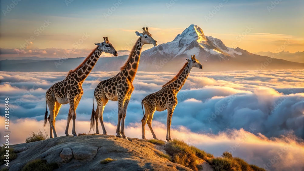 Obraz premium Majestic Giraffes Standing on Clouds with Mountain Background at Sunset