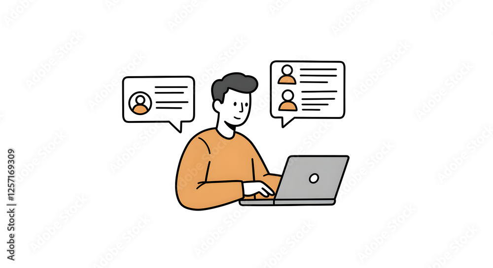 Man Working on Laptop with Social Media Chat Bubbles Illustration Man Working on Laptop with Social Media Chat Bubbles Illustration