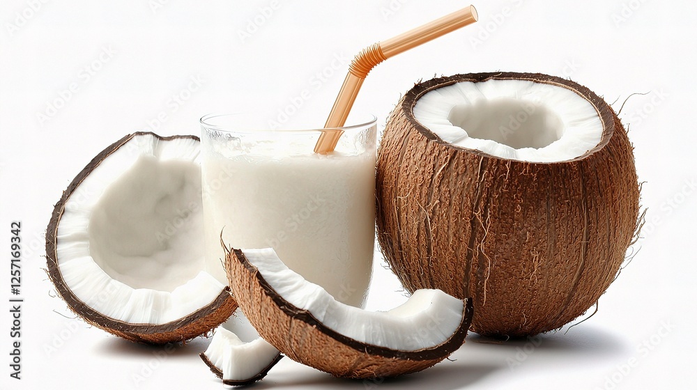 Refreshing Tropical Coconut Drink with Straw Isolated on White Background Refreshing Tropical Coconut Drink with Straw Isolated on White Background