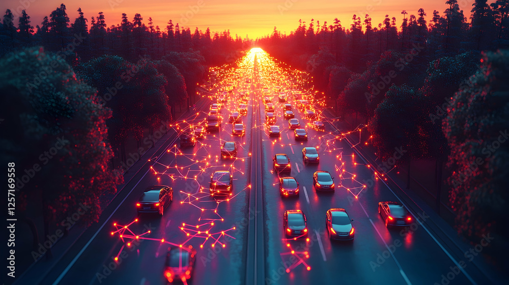 Fototapeta premium 3D Illustration - Connected Cars on Highway at Sunset, Network, Autonomous Vehicles, Future Transportation, Technology