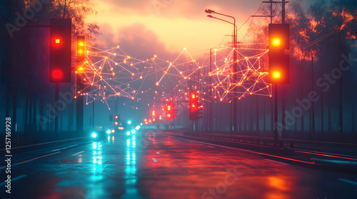 3D Illustration - Smart City Traffic Flow Network, Connected Cars, Intelligent Transportation System, Roadway Sunset photo