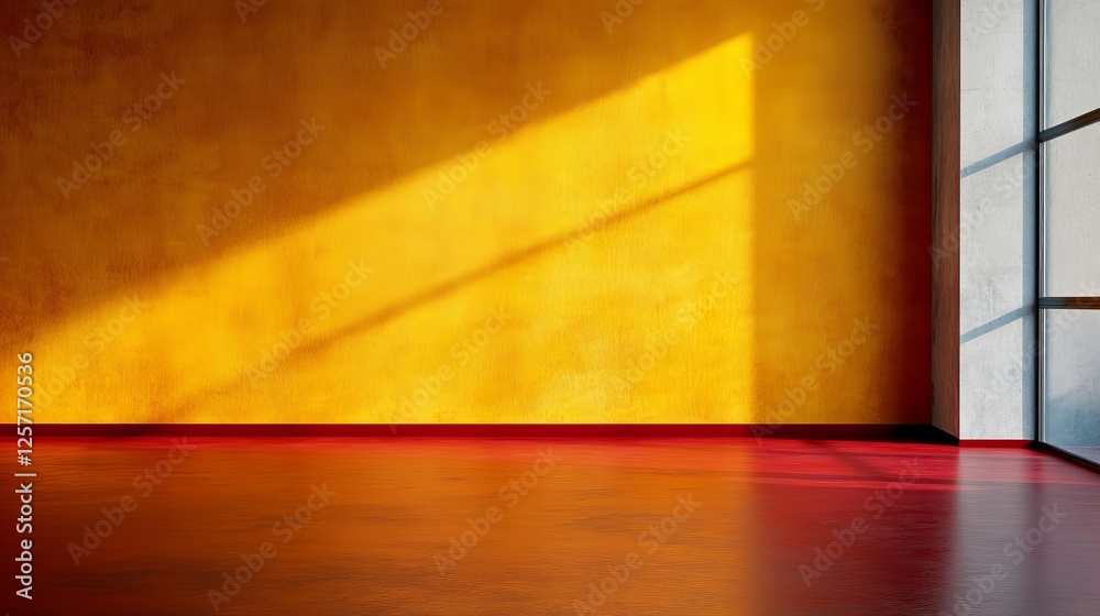 Bright yellow wall with sunlight casting shadows on a red floor in a modern interior space. Bright yellow wall with sunlight casting shadows on a red floor in a modern interior space.