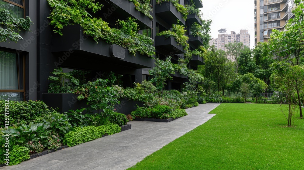 Naklejka premium Modern apartment building with green vertical gardens, grassy courtyard, urban setting. Possible use Stock photo for architectural design, sustainable living, urban planning