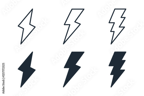 Lightning, energy, power. Set of vector linear icons isolated on white background.