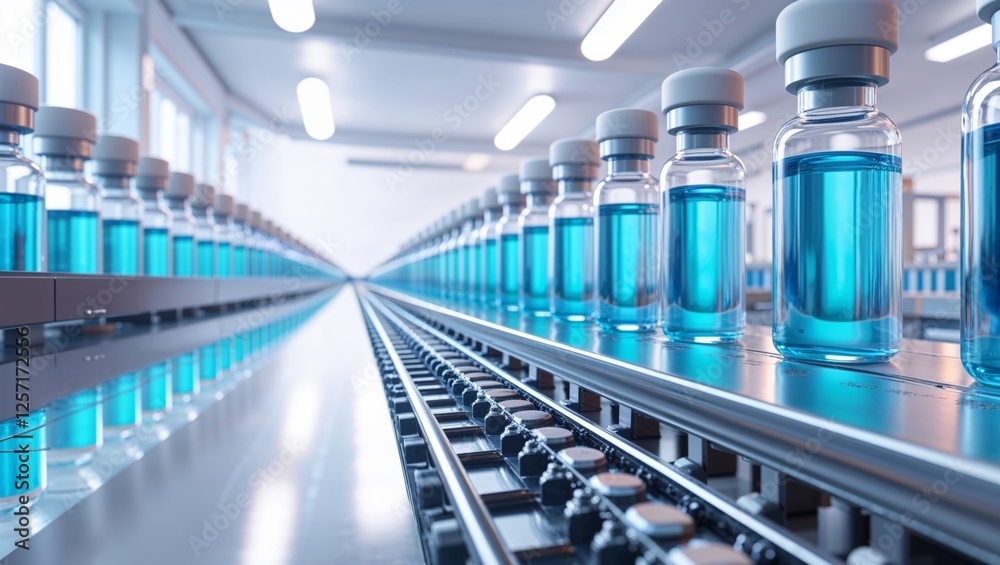 Automated production line featuring vials filled with blue solution moves in a sterile environment. Automated production line featuring vials filled with blue solution moves in a sterile environment.