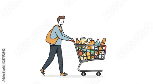 Man Pushing Grocery Cart Full of Groceries After Shopping Trip