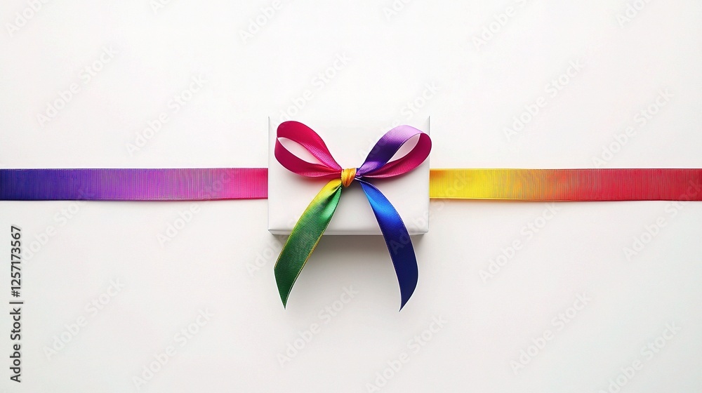 Colorful Rainbow Ribbon Tied on a White Gift Box with Copyspace Colorful Rainbow Ribbon Tied on a White Gift Box with Copyspace