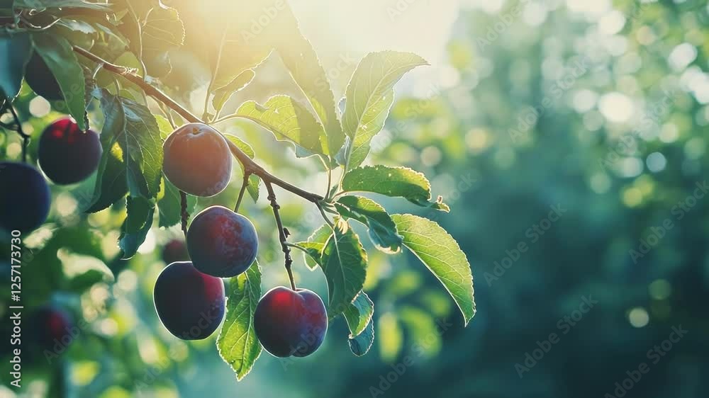 Sunlit plums hanging from a leafy branch in a serene outdoor setting.
