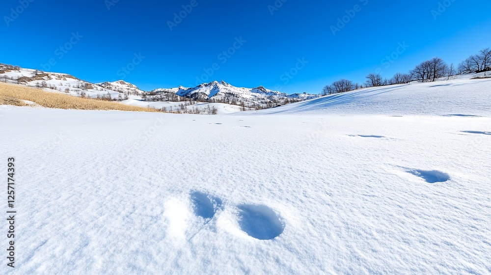 Obraz premium Serene Winter Landscape Pristine Snowfield and Majestic Mountains
