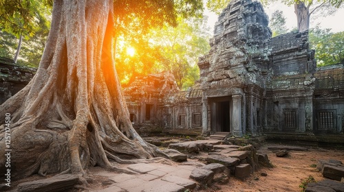 Ancient Temple Ta Prohm, Angkor Wat, Cambodia: Majestic Tree Roots Embrace Ruins at Sunrise photo