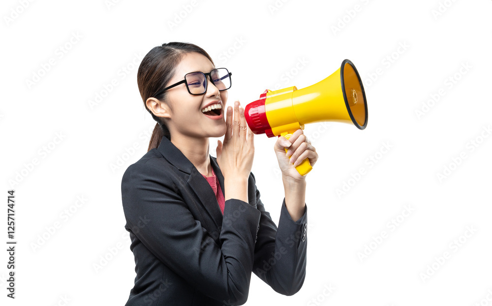 Portrait of smiling young Asian woman in black suit and glasses shouting into megaphone isolated over white background. Portrait of smiling young Asian woman in black suit and glasses shouting into megaphone isolated over white background.