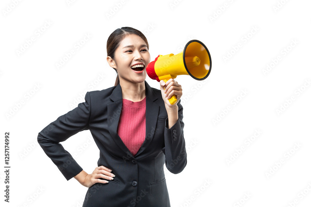 Portrait of smiling cheerful young pretty Asian woman in black suit holding megaphone making announcement isolated on white background, shot in studio. Portrait of smiling cheerful young pretty Asian woman in black suit holding megaphone making announcement isolated on white background, shot in studio.