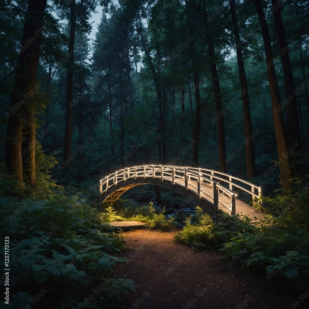 A bridge with glowing white lights in a dreamy forest garden. A bridge with glowing white lights in a dreamy forest garden.
