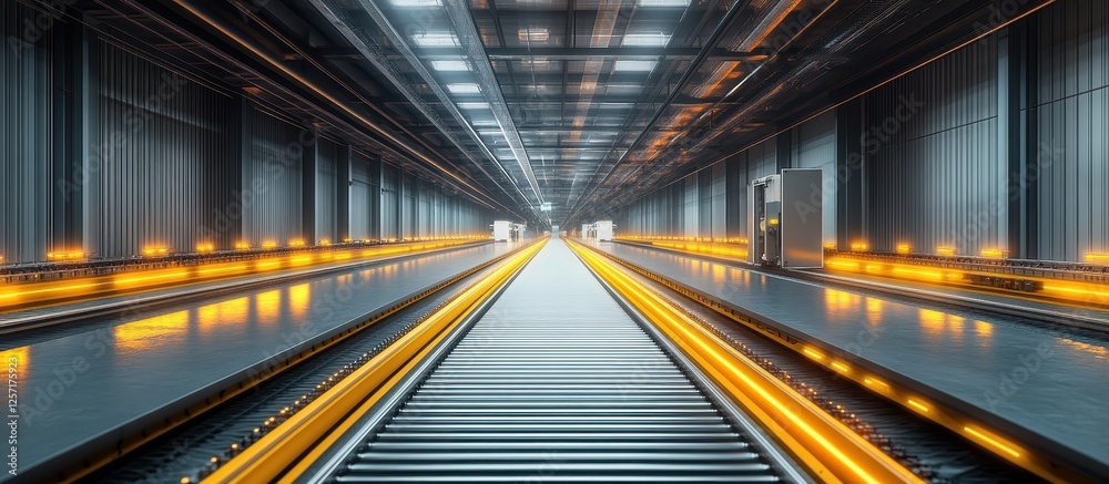 ** .Futuristic Industrial Corridor with Glowing Lights and Reflective Surfaces in a Modern Warehouse Setting..** ** .Futuristic Industrial Corridor with Glowing Lights and Reflective Surfaces in a Modern Warehouse Setting..**