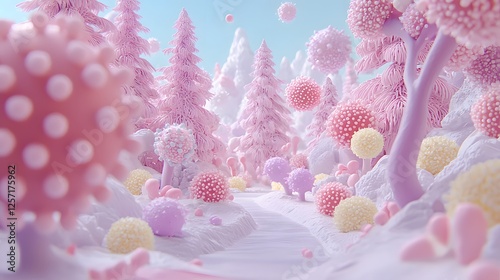 Pastel Pink Dreamland Whimsical 3D Render of Candy like Forest Path photo