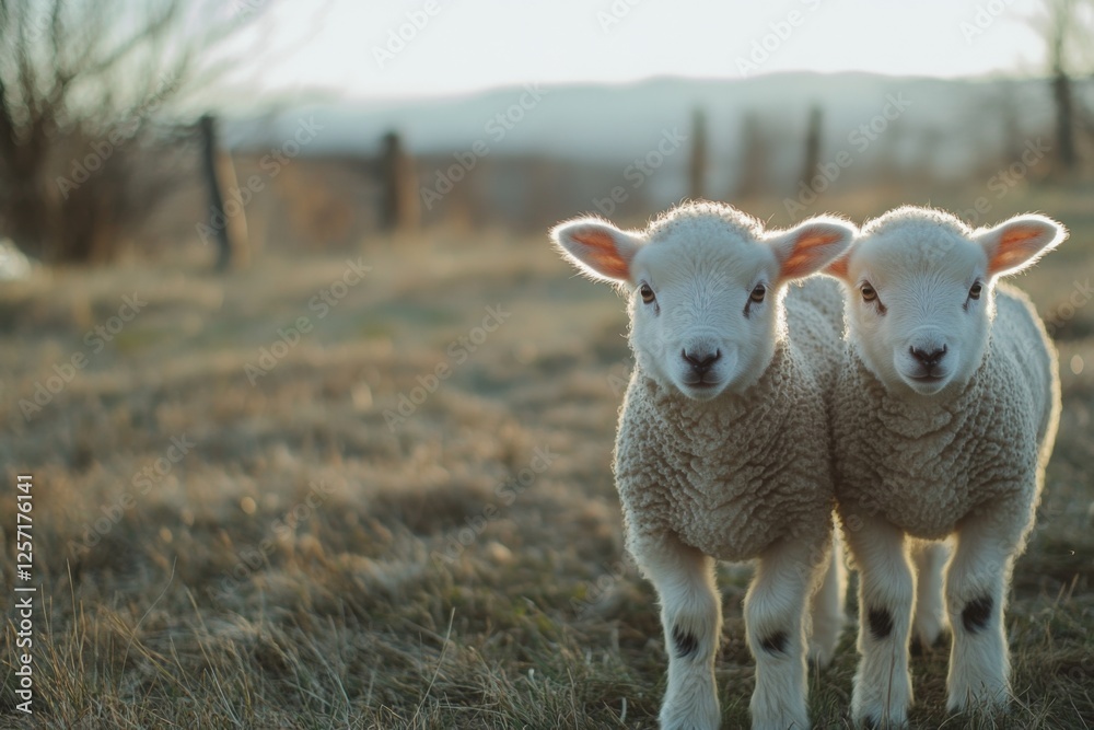 Fototapeta premium white cute baby lambs in brown field 