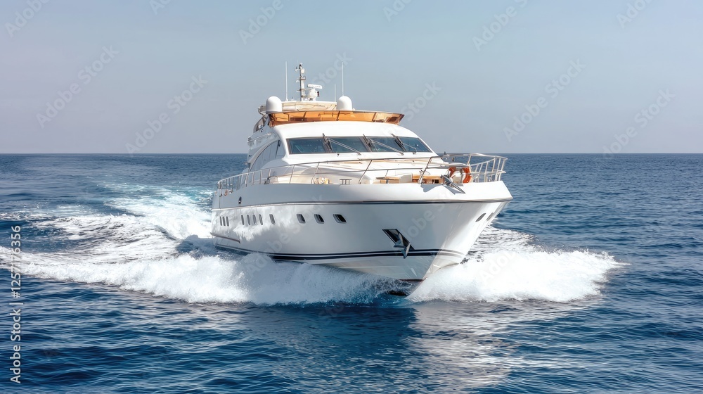 Luxury yacht cruising open ocean, sunny day. Travel, vacation, wealth concept