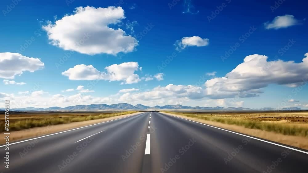 Wide-angle view of an endless highway under a bright blue sky with fluffy clouds, creating a cinematic video feel of open road adventure. Wide-angle view of an endless highway under a bright blue sky with fluffy clouds, creating a cinematic video feel of open road adventure.