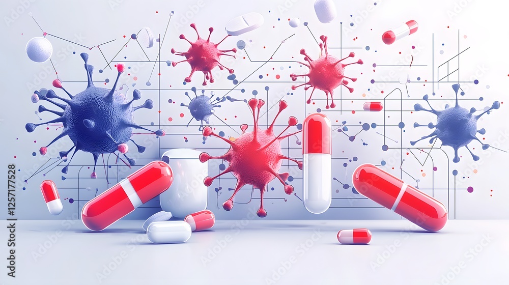 3D Render Virus Capsules and Pills Medical Research Healthcare Concept 3D Render Virus Capsules and Pills Medical Research Healthcare Concept